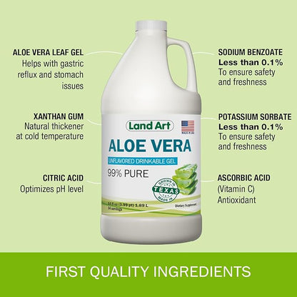 Land Art Pure Aloe Vera Drinkable Gel Unflavored - Cold-Processed Inner Filet - from Organic Fresh Leaves from Texas - for Heartburn Relief - Acid Reflux - 64 fl oz