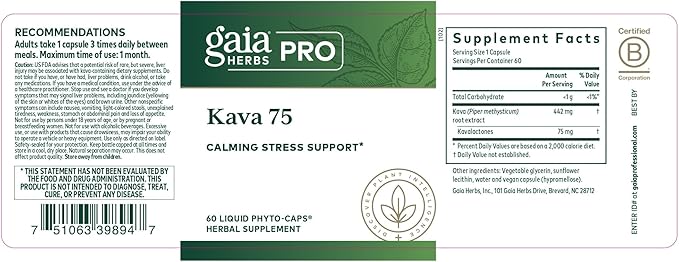 Gaia Herbs PRO Kava 75 - Stress Support Supplement - Aids a Sense of Calm & Relaxation - 60 Liquid Phyto-Caps