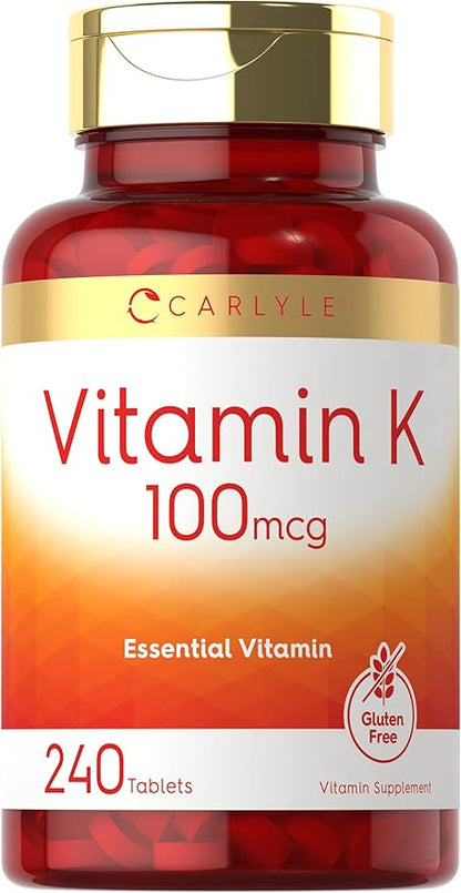 Carlyle Vitamin K 100 mcg | 240 Tablets | Vegetarian, Non-GMO, Gluten Free | Vitamin K Supplement
