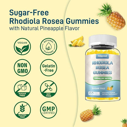 2 Pack Sugar-Free Rhodiola Rosea Gummies, Adaptogenic Rhodiola Rosea Supplement & Cortisol Blocker for Enhanced Stamina, Mood Elevation, and Motivation Boost, Non-GMO, Vegan, 120 Count
