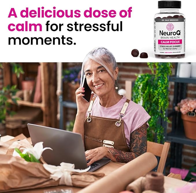 NeuroQ Calm Focus Gummies - Stress Relief Supplement - Supports Mental Function & Relaxation - Sensoril Ashwagandha, Magnesium, GABA, L-Theanine, Andean Cocoa & Kava Kava - 90 Gummies