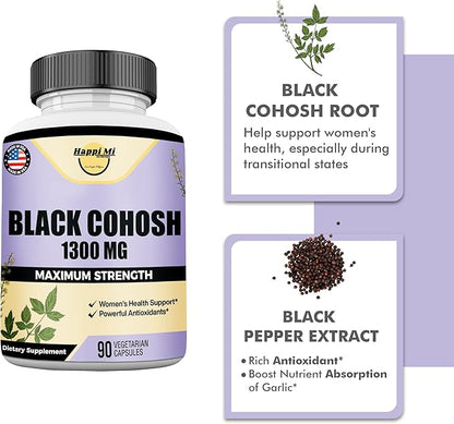 Black Cohosh Made with Organic Black Cohosh Root 1300MG per Serving, Balance Hormones, Natural Menopause & Menstrual Support, Women Health Support, 90 Vegan Capsules, 45 Servings