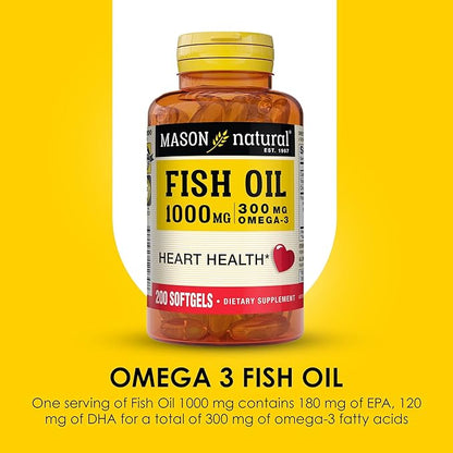 Mason Natural, Omega 3 Fish Oil 1000mg Softgels, Bonus Size 200-Count Bottle, Dietary Supplement Supports Heart, Eye, Brain and Joint Health with Omega 3 Fatty Acid Healthy Fats