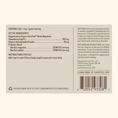 Super Blend Powder, Mushroom Mycelium and Dog Probiotic Supplement for Immunity and Digestive Health Support, Reishi & Probiotics, 90 Servings