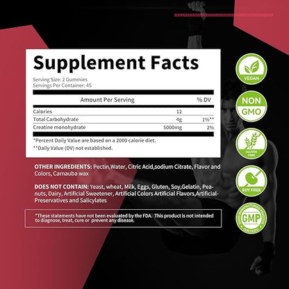 Creatine Monohydrate Gummies for Men & Women, Chewables Creatine Monohydrate for Muscle Strength, Muscle Builder, Energy Boost, Pre-Workout Supplement-90 Peach