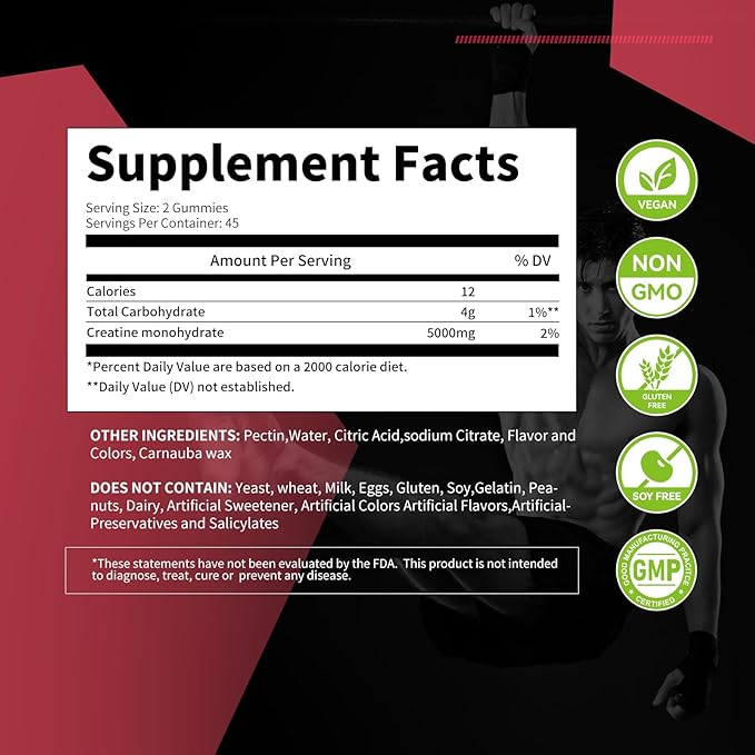 Creatine Monohydrate Gummies for Men & Women, Chewables Creatine Monohydrate for Muscle Strength, Muscle Builder, Energy Boost, Pre-Workout Supplement-90 Peach