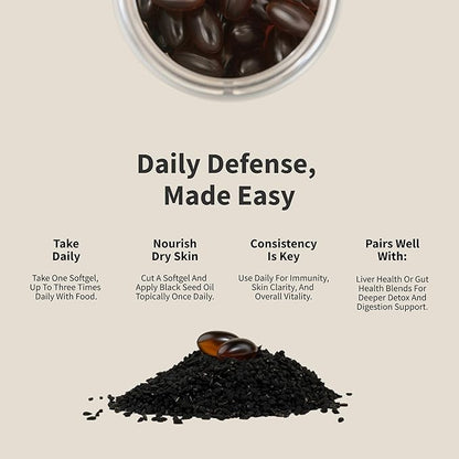Black Seed Oil Capsules 100% Cold Pressed - Immune Support, Detox Aid, Inflammation Relief, Skin, Hair & Joint Health - Organic Black Cumin Seed, High Potency Nigella Sativa (90 Softgel Capsules)