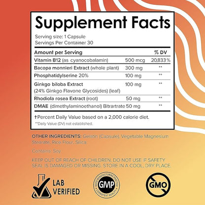 Vital Vitamins Brain Supplements for Memory and Focus (3 Pack) – Nootropic Brain Booster with Ginkgo Biloba, Rhodiola, B12 – Caffeine-Free Support for Adults & Seniors – 90-Day Supply
