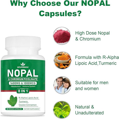 Super Nopal 1600mg, Prickly Pear Supplement with R-Alpha Lipoic Acid, Turmeric,120 Capsules (60 Servings)