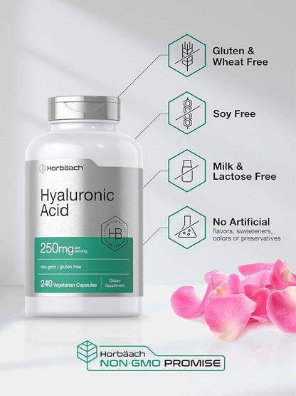 Horbäach Hyaluronic Acid Capsules | 250 mg | 240 Count | Non-GMO and Gluten Free Supplement