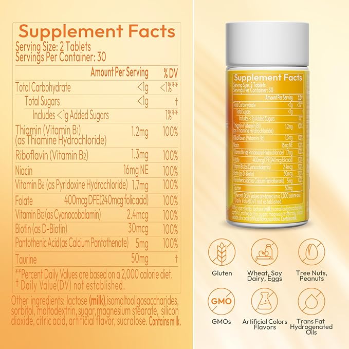 Vitamin B Complex with B1, B2, B3, B5, B6, B7, B9, B12 Taurine–Immune Support, Energy Metabolism and Nervous System – Super B Complex with Blood Orange Powder – 60 Tablets for Men & Women