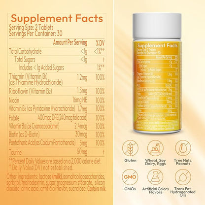 Vitamin B Complex with B1, B2, B3, B5, B6, B7, B9, B12 Taurine–Immune Support, Energy Metabolism and Nervous System – Super B Complex with Blood Orange Powder – 60 Tablets for Men & Women