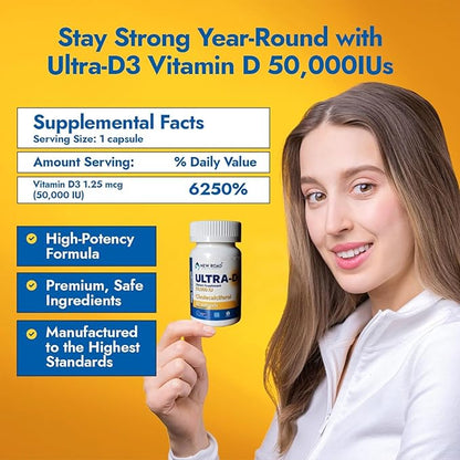 New Road Health Supply - Vitamin D 50000 IU, Once Weekly Dose, Easy to Swallow Vitamin D Softgel for Bones, Teeth, and Immune Support, Gluten Free, 50 Count