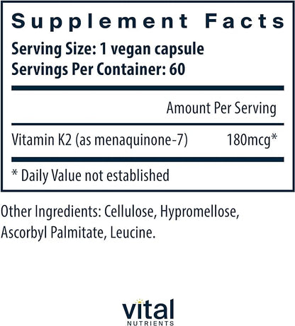 Vital Nutrients Vitamin K2-7 | Promotes Cardiovascular, Heart, Bone Health* | Vitamin K2 + MK7 | Vegan Vitamin K Supplement | Gluten, Dairy, Soy Free | Non-GMO | 60 Capsules