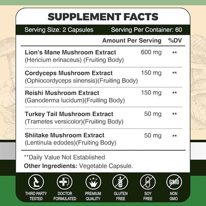 ZEBORA Lions Mane Supplement Capsules - Mushroom Supplement with Lions Mane, Cordyceps, Reishi, Turkey Tail, Shiitake - Lion's Mane Mushroom for Memory, Focus & Immune Support - 120 Vegan Capsules