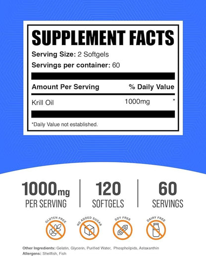 BulkSupplements.com Krill Oil 1000mg Softgels - Antarctic Krill Oil Supplement - Omega 3 Supplement, DHA Supplement - Gluten Free, 2 Softgels per Serving, 120 Count (Pack of 1)