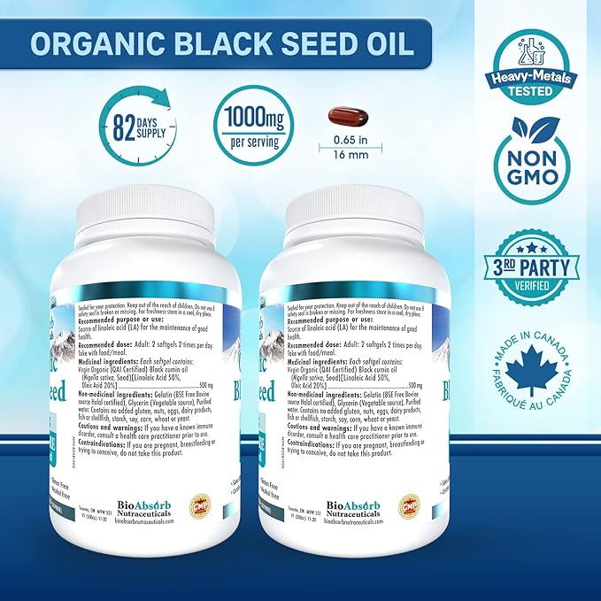 Bio Absorb Black Seed Oil Capsules, 82-Day Supply, Cold Pressed Pure Black Cumin Seed Oil (Nigella Sativa) (330 softgels, 500mg)