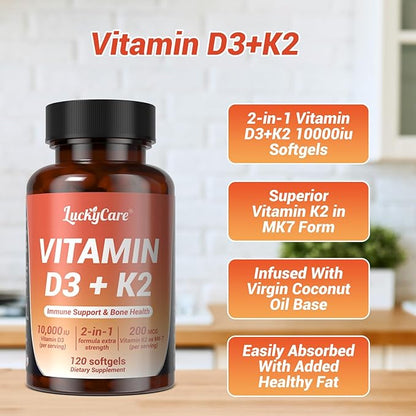Vitamin D3 K2 10000 IU Plus K2 (MK-7) 200 mcg, 120 Coconut Oil Softgels| 2 in 1 VIT D & K Complex | Supports Calcium Absorption, Bone, Teeth, Heart & Immune Health,120Count