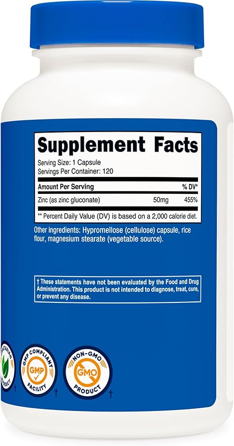 Nutricost Zinc Gluconate 120 Vegetarian Capsules (50mg) - Gluten Free and Non-GMO