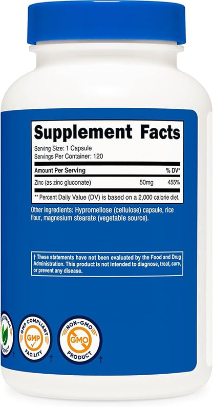 Nutricost Zinc Gluconate 120 Vegetarian Capsules (50mg) - Gluten Free and Non-GMO