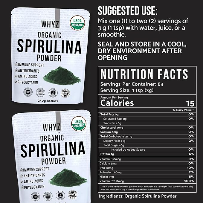 WHYZ Organic Spirulina Powder, 250g, Protein-Rich Spirulina Supplement, Organic Superfood for Immune Support, Green Spirulina Powder Organic Non GMO for Smoothies & Recipes