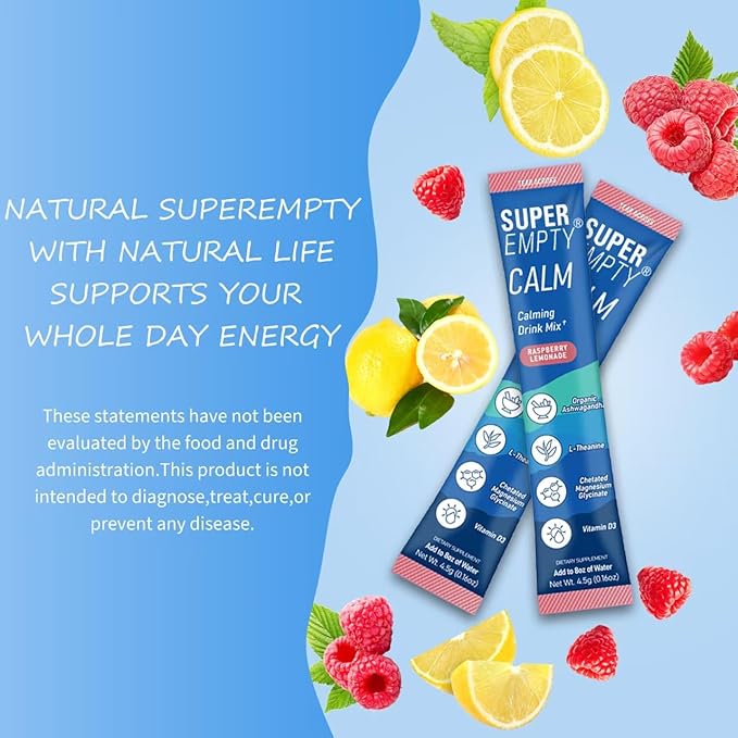 Calm Powdered Drink Mix, Cortisol Drink Mix Adaptogenic, Raspberry Lemonade Drink, L-Theanine, Ashwagandha, Magnesium Glycinate