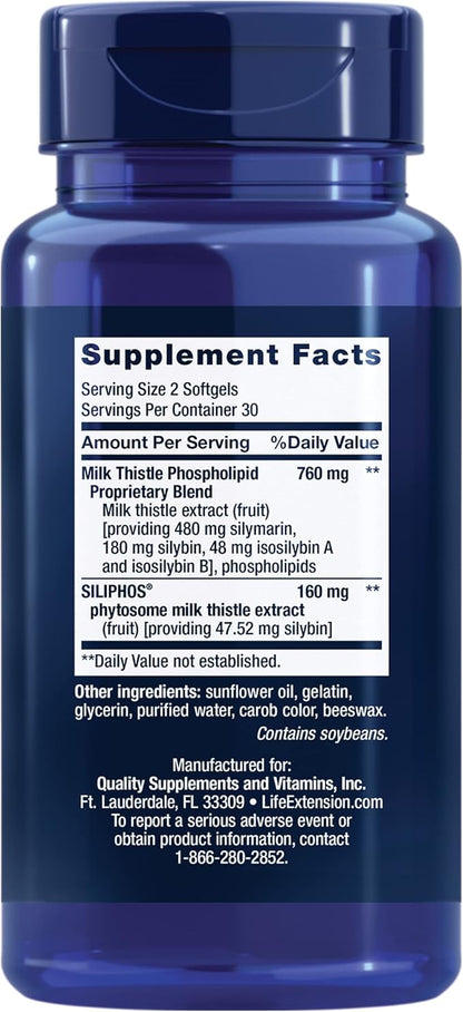 Life Extension Advanced Milk Thistle, silymarin, silybin, phospholipids, Promotes Healthy Liver Function, Gluten-Free, Non-GMO, 60 softgels