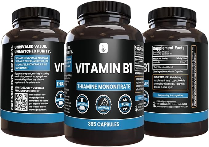 PURE ORIGINAL INGREDIENTS Vitamin B1 (Thiamine Mononitrate) (365 Capsules) No Magnesium Or Rice Fillers, Always Pure, Lab Verified