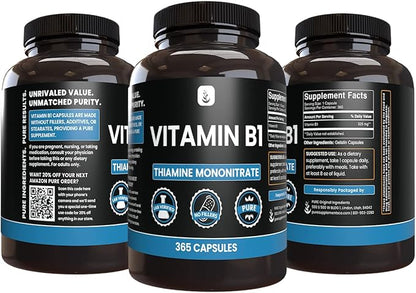 PURE ORIGINAL INGREDIENTS Vitamin B1 (Thiamine Mononitrate) (365 Capsules) No Magnesium Or Rice Fillers, Always Pure, Lab Verified