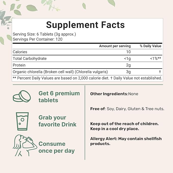Organic Chlorella Tablets, 500mg Per Tablet, 720 Tabs (360 Grams), 4 Months Supply, Broken Cell Wall, Rich in Vegan Protein & Vitamins, No Filler, No Additives & Non-GMO | Pure Green Algae Superfood