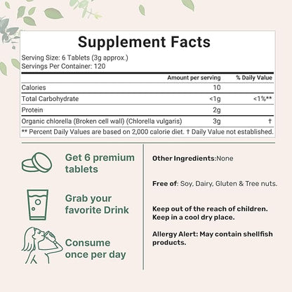 Organic Chlorella Tablets, 500mg Per Tablet, 720 Tabs (360 Grams), 4 Months Supply, Broken Cell Wall, Rich in Vegan Protein & Vitamins, No Filler, No Additives & Non-GMO | Pure Green Algae Superfood