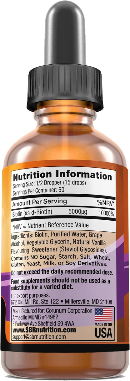 SBR Nutrition Biotin Liquid Drops, 5000mcg per Serving (60) 1.0Fl.oz (30ml) Vanilla