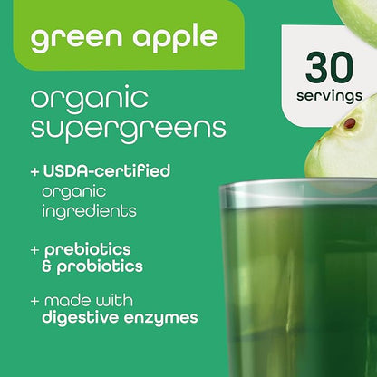 Organic Super Greens Powder, 70+ Superfoods, 0 Sugar, 3G Fiber, Spirulina, Chlorella, Antioxidants, Prebiotics/Probiotics, Digestive Enzymes, Green Apple, 30 Servings