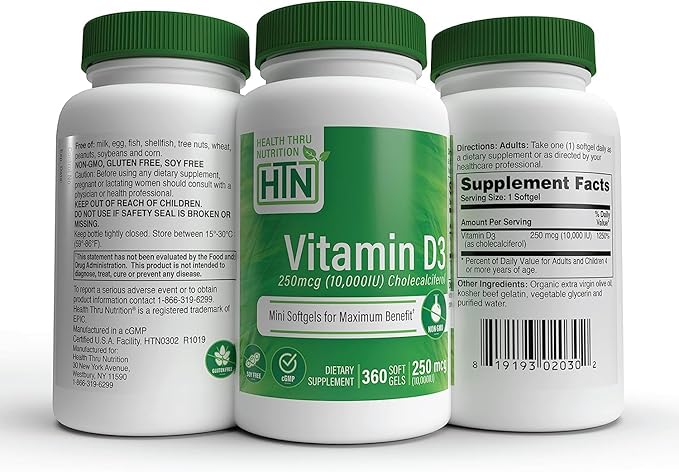 Health Thru Nutrition Vitamin D3 10,000iu 360 Mini Softgels for Maximum Benefit Year Supply | 250mcg Cholecalciferol | 3rd Party Tested | Non-GMO USP Grade in Organic EVOO | Immune Health Support