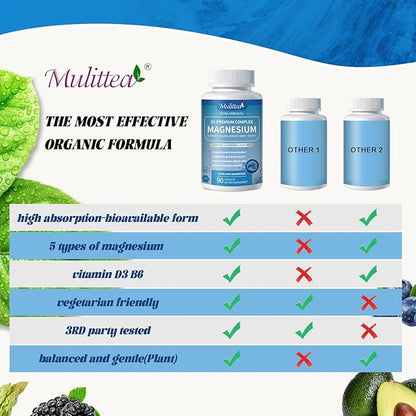 Magnesium Complex Chelated Magnesium Glycinate w/Malate, Taurate& Herbal Extracts for Support Sleep, Muscle,Cortisol & Heart Health, Gluten Free, Vegan, Non GMO, High Absorption, 90 Capsules