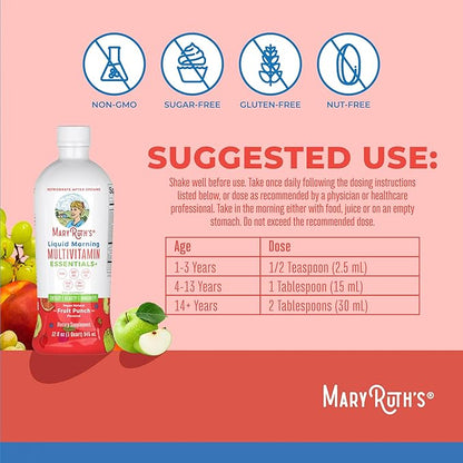 MaryRuth Organics Liquid Morning Multivitamin Essentials+ | Vitamin A C D E B6 B12 Biotin Zinc, Mens Womens Multivitamin, Immune Support, Beauty | Sugar Free | Vitamins for Ages 1+ | Vegan | 32 Fl Oz