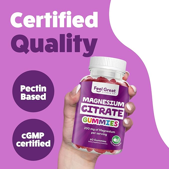 Feel Great Vitamins Magnesium Citrate Gummies - High Absorption for Muscle Relaxation, Calm & Sleep Support, Aids Occasional Constipation, Vegan, Non-GMO, 200mg Per Serving - 60 Gummies