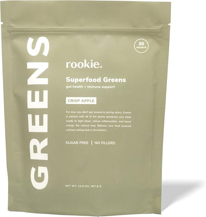 Natural Greens Supplements Superfood Powder Drink by Rookie Wellness, Gut Support Digestive Enzyme, Improve Mood, Immune Support, Crisp Apple (30 Serving Bags)