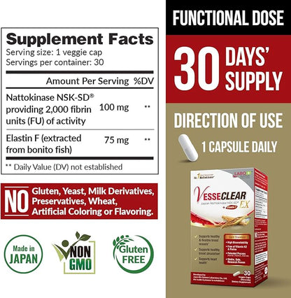 LABO Nutrition VesseCLEAR EX: Nattokinase NSK-SD+Elastin F for Clean & Flexible Blood Vessel. Japan's Most Research Proven, Functional Dose, Acid-Resistant/Delayed Release Capsules