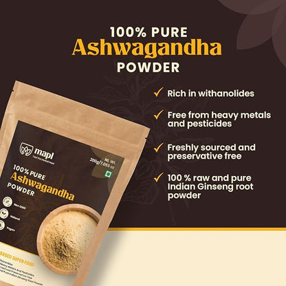 MAPL Organic Ashwagandha Powder (Indian Ginseng) 7.05 Ounces - Premium Quality, Pure and Natural Ingredients to Support Health