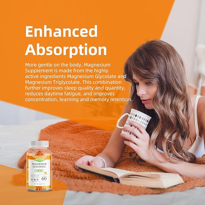 Magnesium Glycinate Gummies 1000mg - for Adults Magnesium Potassium Supplement with Vitamin D, B6, CoQ10 for Calm Mood & Sleep Support - 60 Orange Gummies -1 Pack