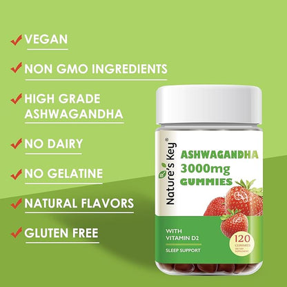 Nature's Key Ashwagandha Gummies, High Potency Ashwagandha Root Extract with Vitamin D2, for Men & Women, Stress, Calm Mood & Cognition, Strawberry Flavor (120 Count (Pack of 1)