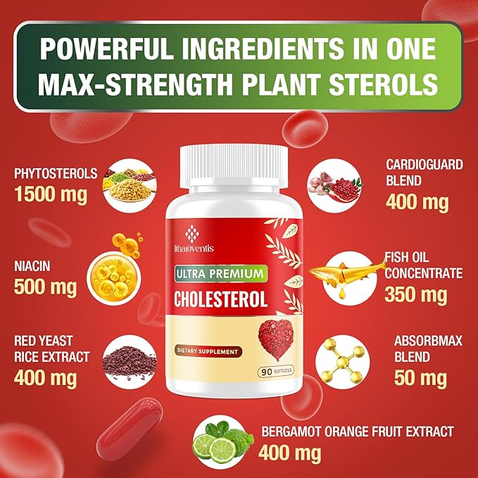 Cholesterol Supplements with Plant Sterols, Niacin, Red Yeast Rice, Bergamot, Omega-3 & Garlic - Max Absorption - 360 Softgels