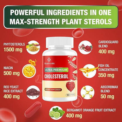 Cholesterol Supplements with Plant Sterols, Niacin, Red Yeast Rice, Bergamot, Omega-3 & Garlic - Max Absorption - 360 Softgels