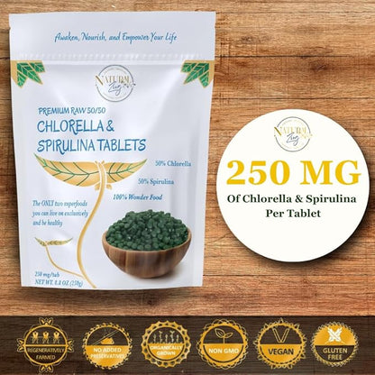 NaturalZing 100% Pure Chlorella/Spirulina Tablets | 1000 250mg Tablets | 60 Servings | 60% Protein | Vegan Protein | Omega 3s | Alkaline | Chlorophyll | Cracked Cell | Grown with Sunlight | Taiwanese