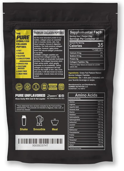 Zammex Premium Collagen Peptides Powder, 30 Sticks Travel Packets(Type I, III), Unflavored Collagen Protein Powder to Go, Hydrolyzed Collagen Peptide for Skin Hair Nail Joint, 10g per Serving