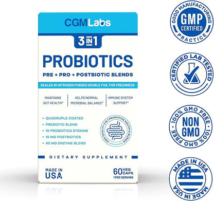 Probiotics 3 in 1 - Prebiotics + Probiotics + Postbiotics All in one! Nitrogen Purged, Individually Packed in Double-foil Blister for Freshness - 60 Veg caps by CGM Labs