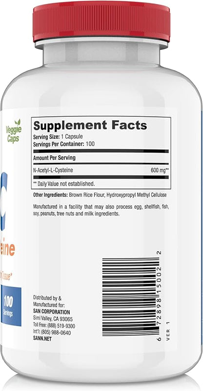 N-Acetyl-L-Cysteine (NAC), Immune, Respiratory, Liver Health, NAC 600 mg, Potent antioxidant Support, Free-radicals, Easy to Absorb, 100 Capsules