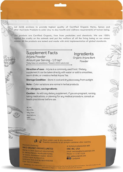 Just Jaivik 100% Organic Arjuna Bark Powder (Terminalia Arjuna) 1/2 LB, 08 oz, 227g USDA Certified Organic- Biodegradable Resealable Zip Lock Pouch Traditional rejuvenative and Tonic for The Heart*