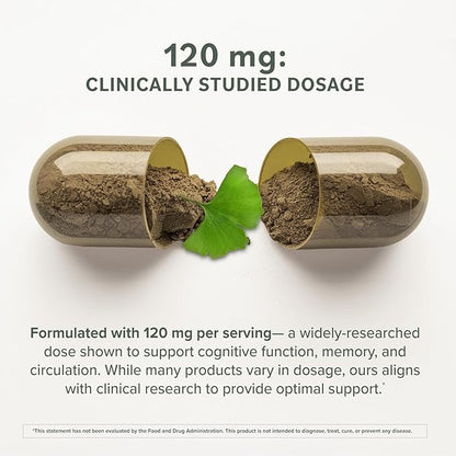 Prominent Nutrition Ginkgo Biloba 120mg - Ginkgo Biloba Leaf Extract, Herbal Supplements to Help Support Memory & Focus- Vegan, Non-GMO, Gluten-Free, Soy-Free, 60 Day Supply